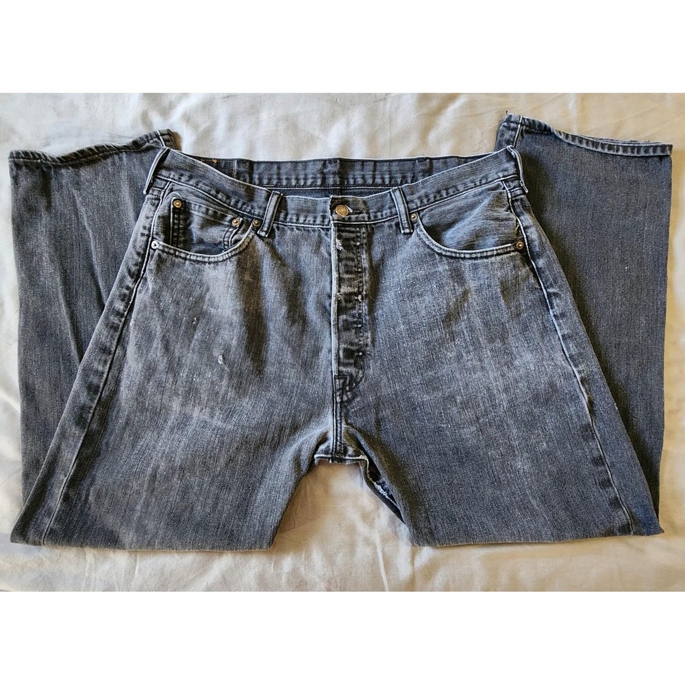 Levis 501 Mens Jeans 36x28 Black Gray‎ Button Fly Straight Leg Denim Red Tab